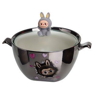 Бульонница фарфоровая Labubu с крышкой и ручками 800 мл на 15 см Серебристый с серым Yiwu FM-34A фото