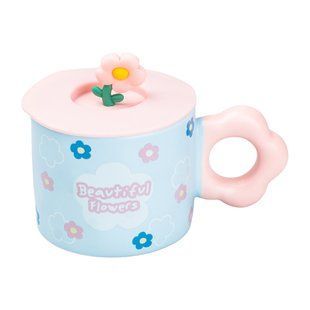Чашка керамічна з кришкою Flowers 300 мл Блакитний TS Kitchen HP7196BL фото