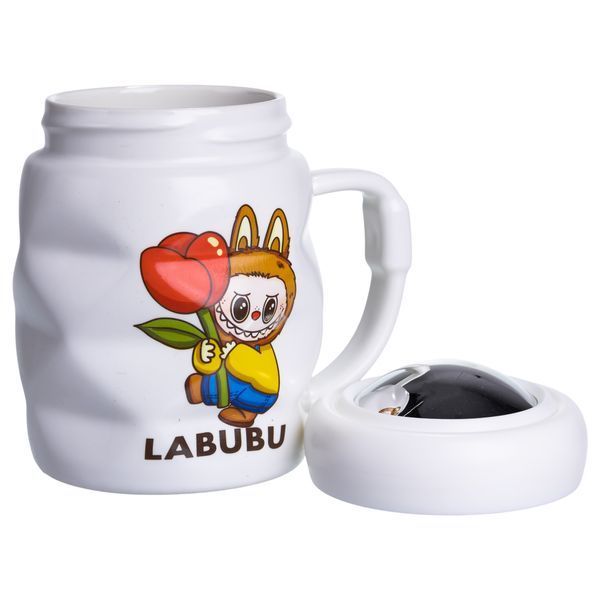 Чашка фарфоровая с крышкой Labubu 400 мл Белый с желтым Yiwu FM-54D фото