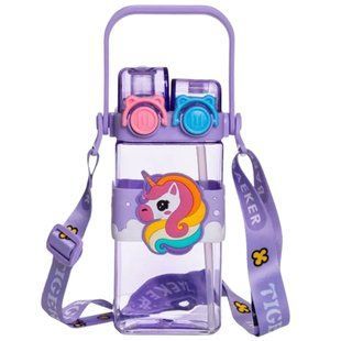 Бутылка для воды детская с трубочкой и ремешком 550 мл Фиолетовый Yiwu HP-18-3V фото