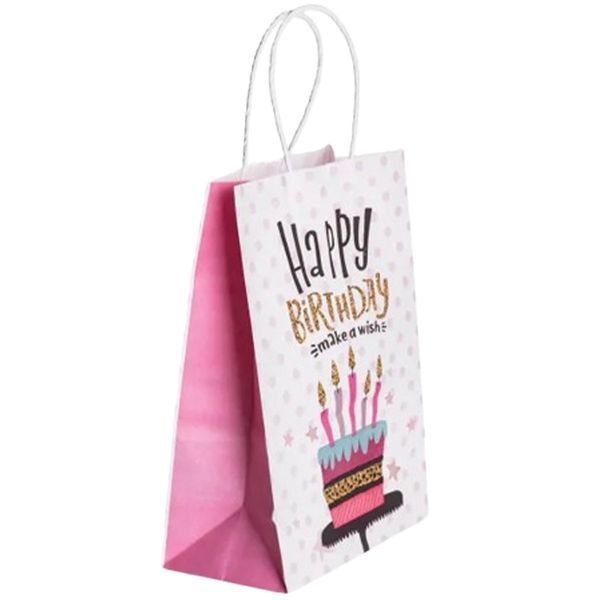 Подарунковий пакет Happy Birthday 15 на 8 на 21 см 12 штук в упаковці Рожевий з білим Yiwu HP-10359-23PK фото
