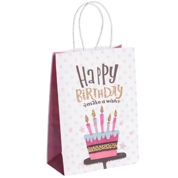 Подарунковий пакет Happy Birthday 15 на 8 на 21 см 12 штук в упаковці Рожевий з білим Yiwu HP-10359-23PK фото
