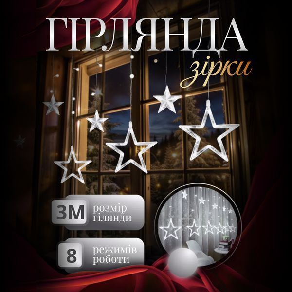 Гірлянда фігурна Зірки 12 фігур 3х0,7 м холодний білий GarlandoPro 1733055W фото
