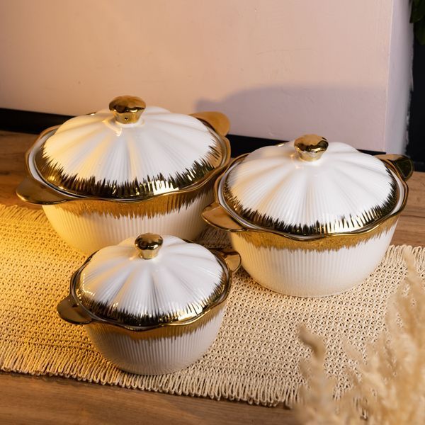 Набор супниц фарфоровых с крышкой и ручками 3 шт Белый с золотистым Yiwu XYL216-4A фото