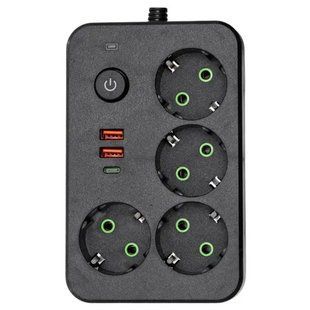 Сетевой фильтр-удлинитель 4 розетки и 2 USB A1 Type-C на 3 метра Черный Yiwu HP-5-46 фото